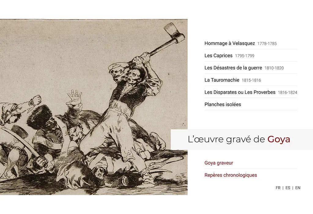 Maquette réalisée par WúGraphisme pour l"affichage dynamique du Musée Goya. Page de sommaire intitulée L'Oeuvre gravé de Goya