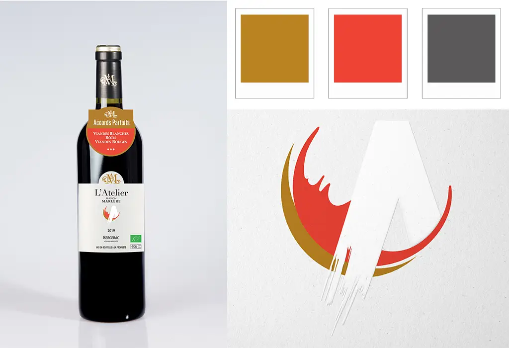 Guideline réalisé par WúGraphisme pour la Maison Marlère. Montage d'images avec une bouteille de vin, la palette de couleurs et le logo l'Atelier.