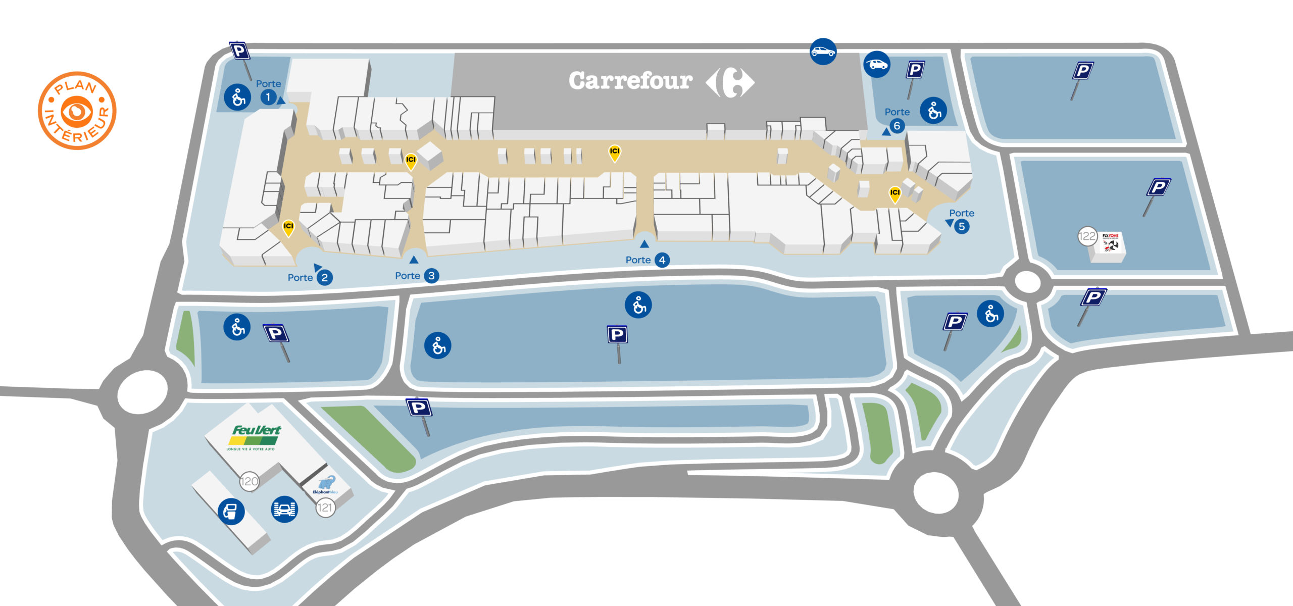 Plan interactif d'un centre commercial Carrefour, Plan extérieur réalisé par WúGraphisme.