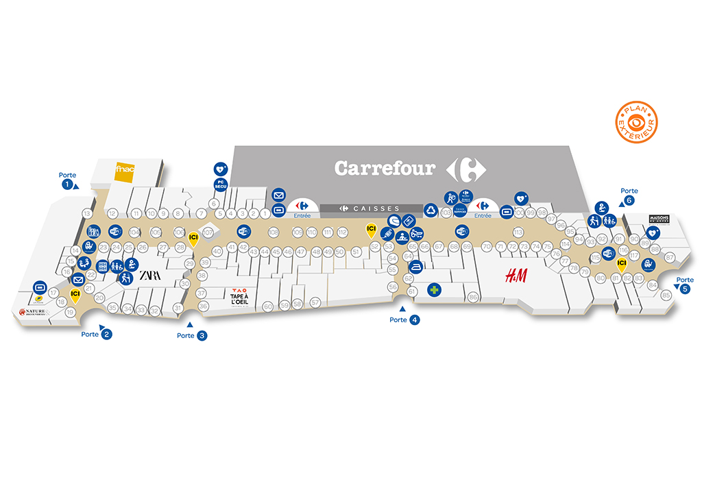 Plan interactif d'un centre commercial Carrefour, Plan intérieur réalisé par WúGraphisme.